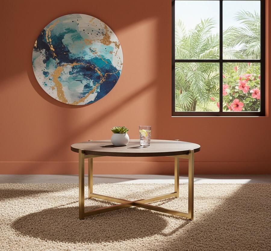 Industrialhome Salontafel Rond 70x70x35 cm Espresso Mangohout met Goud Metaal Onderstel – Industrieel Design – Handgemaakt –