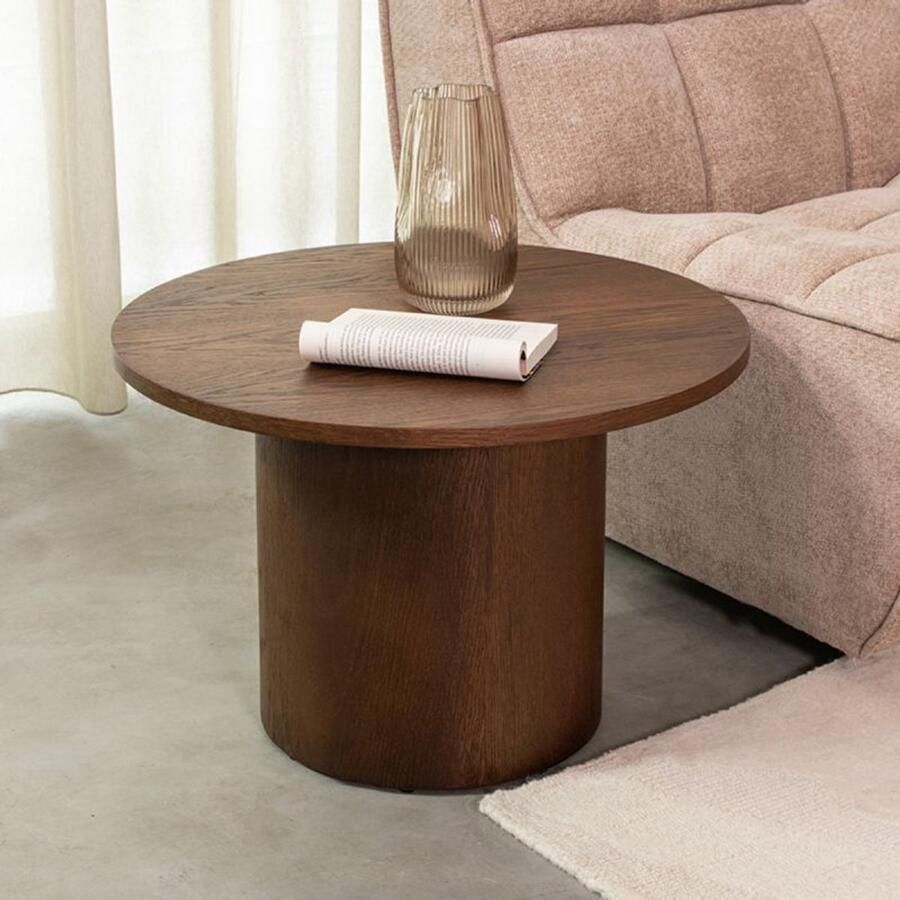 Industrialhome Salontafel Rond Hout Walnoot 60x60x40 cm Design Tafel met Latjes Minimalistische Ronde Koffietafel Eikenfineer Oliva Vintage Look