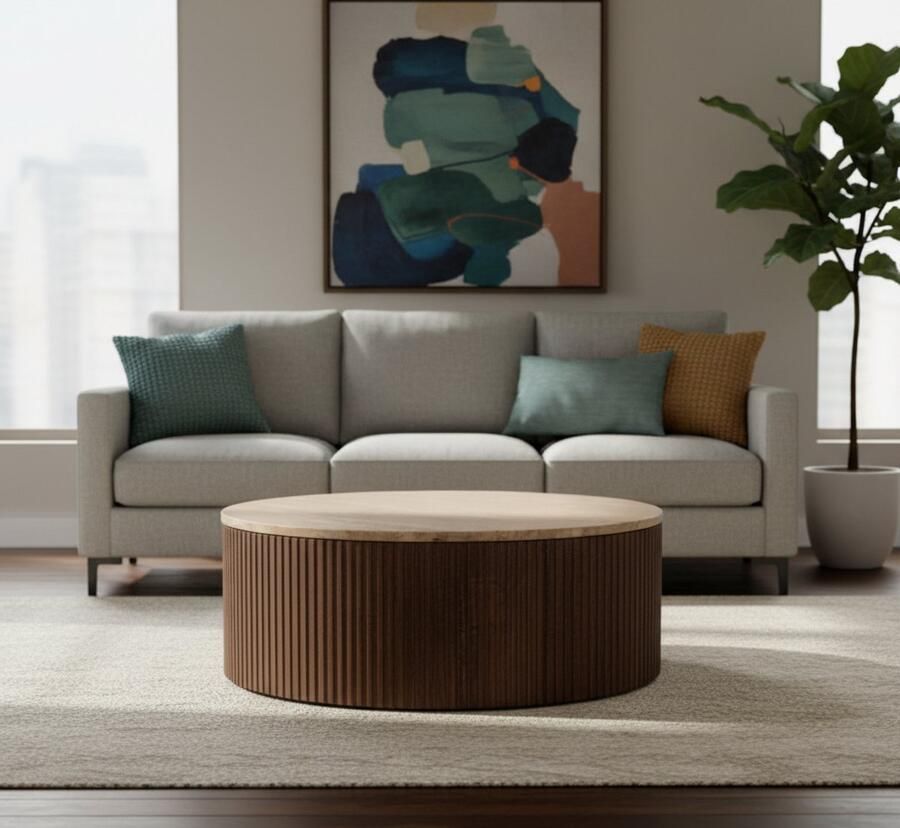 Industrialhome Salontafel rond Travertin 70x70x25 cm Ribble Espresso Mangohout Retro Design Minimalistisch & Sfeervol Uniek Ribbelpatroon Trendy Woonkamermeubel