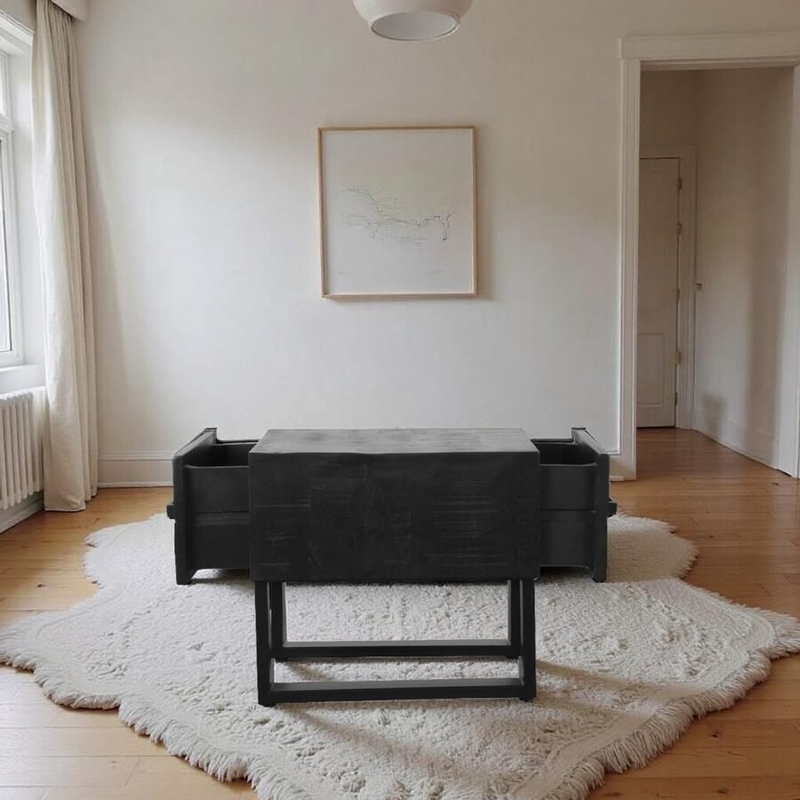 Industrialhome Salontafel Santos – 44x50x41 cm – Massief Zwart Mangohout met Zwart Metalen Frame – Vierkante Bijzettafel met 2 Lades – Modern & Industrieel Design