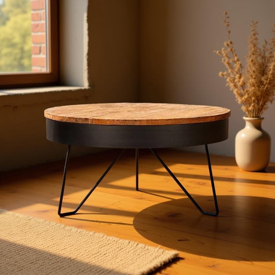 Industrialhome Salontafel Saran – 80x80x43 cm – Rond – Mangohout & Zwart Metaal – Handgemaakt Industrieel Design – Robuust & Stijlvol