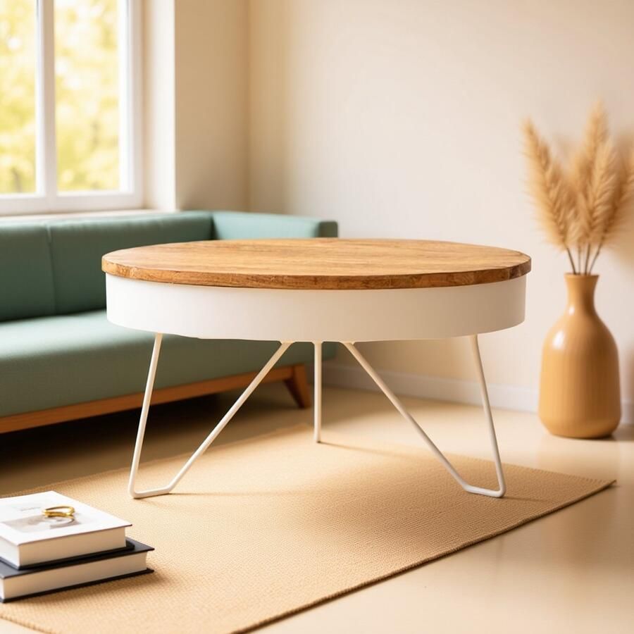 Industrialhome Salontafel Saran Rond 80x80x43 cm – Mangohout met Wit Metaal – Handgemaakt Design – Industriële en Moderne Woonkamer Tafel