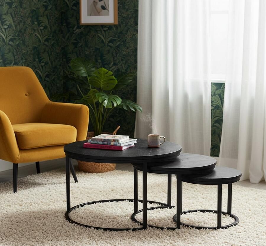 Industrialhome Salontafel Set Industrieel – 3-delige Ronde Tafelset Zwart Mangohout & Metaal – Triplet XL – Moderne Bijzettafels