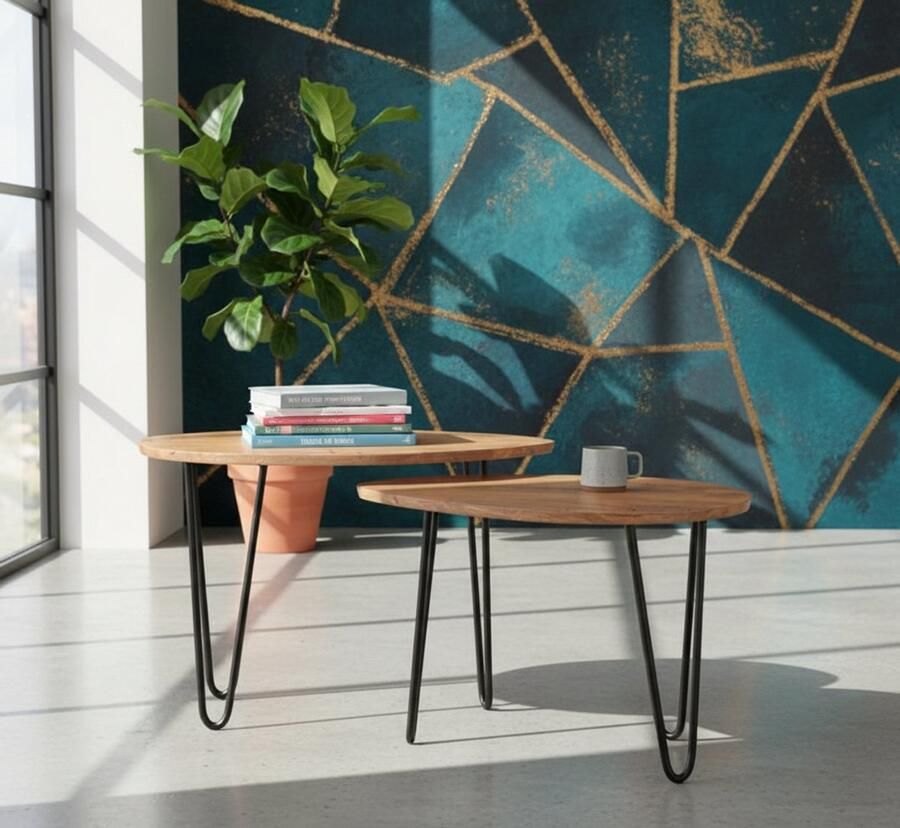 Industrialhome Salontafel Set Industrieel Mangohout – Organische Ovale Tafels – Handgemaakt Rough Mangohout & Zwart Metaal – Multifunctionele Uitschuifbare Set –