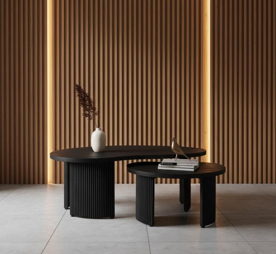 Industrialhome Salontafel Set Mangohout Zwart 2-delig Industrieel Design Handgemaakte Organische Vorm Timon Lounge Tafels