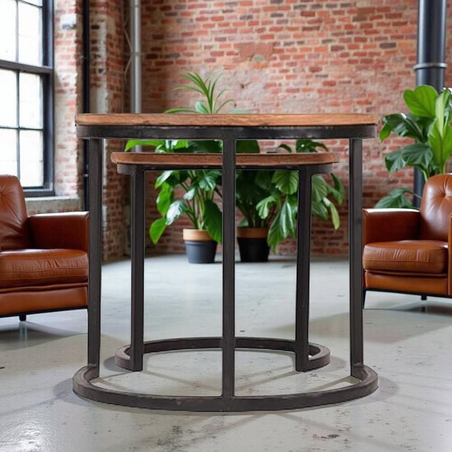 Industrialhome Salontafel Set Milano – 2-delige Ronde Salontafels 50x50x45 cm – Rough Mangohout met Zwart Metalen Onderstel – Industriële & Handgemaakte Tafelset voor Woonkamer