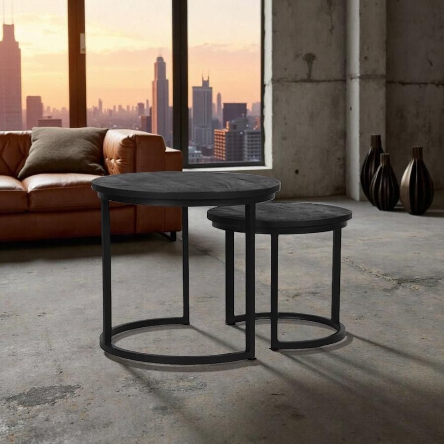 Industrialhome Salontafel Set Monaco – 2-delige Ronde Tafels – Zwart Mangohout & Metaal – Industrieel Design – Handgemaakt – 50x50x45 cm