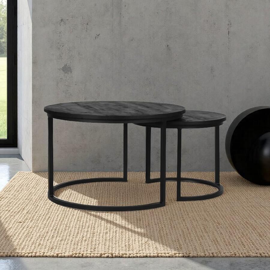 Industrialhome Salontafel Set Oslo – 2-delige Ronde Tafelset – Zwart Mangohout & Metaal – Industrieel Design – Handgemaakt – Nesting Tafels – 70x70x45 cm