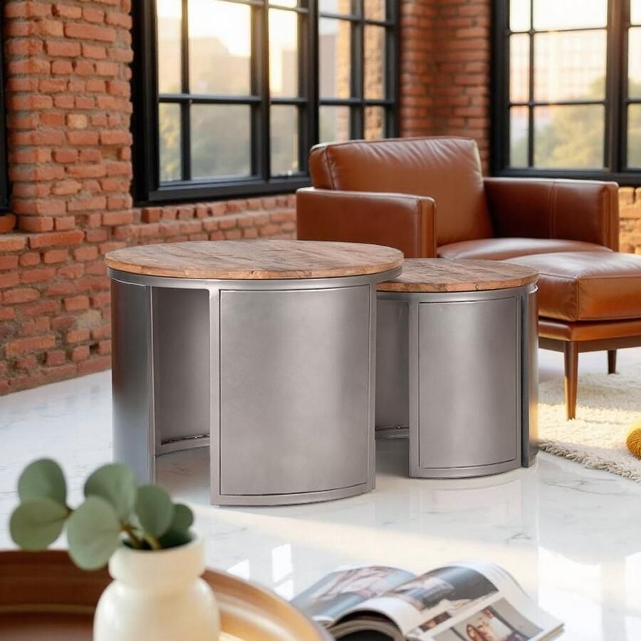 Industrialhome Salontafel Set Rocco – Rond 2-Delig – Mangohout & Vintage Metaal – 60x60x45 cm – Industrieel Design – Inschuifbaar & Handgemaakt – Duurzame Houtsoort