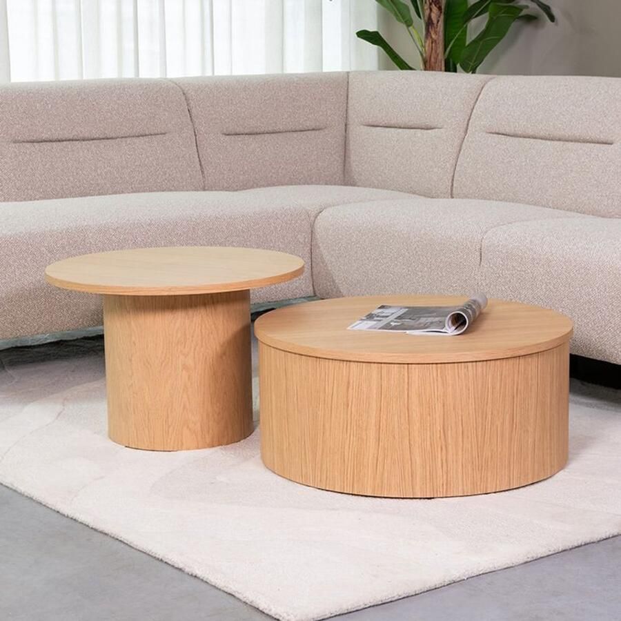 Industrialhome Salontafel Set Rond Naturel Eiken 120x70x40 cm 2-delige Design Tafels Handgemaakt Eikenfineer Scandinavische Woonstijl Olivo
