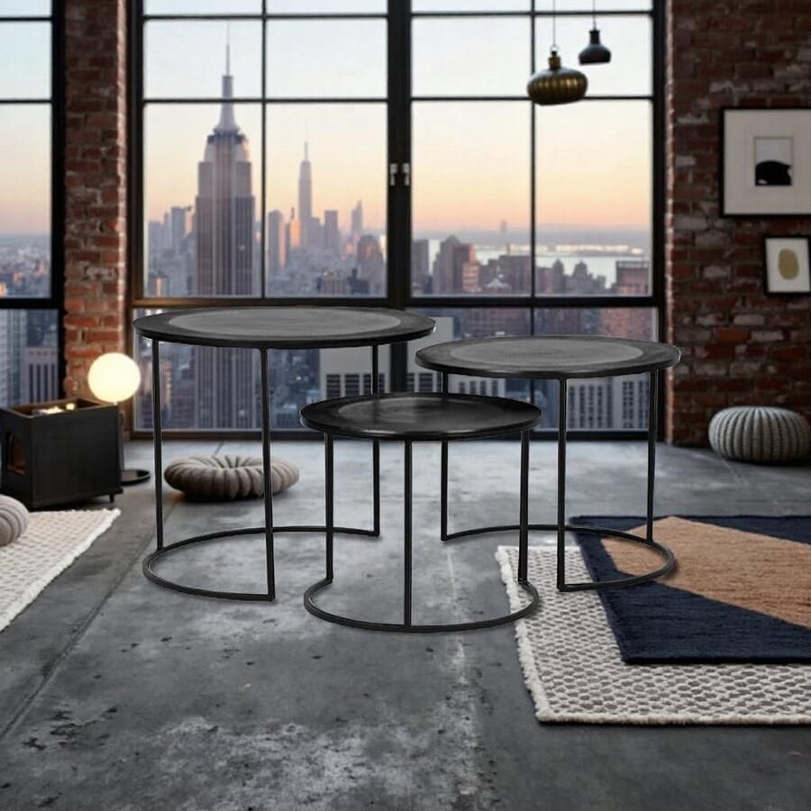 Industrialhome Salontafel Set Trinity – Zwart Metaal – 3-delige Ronde Tafelset – Nesting Tafel – Industrieel Design – Handgemaakt – 55x55x45 cm