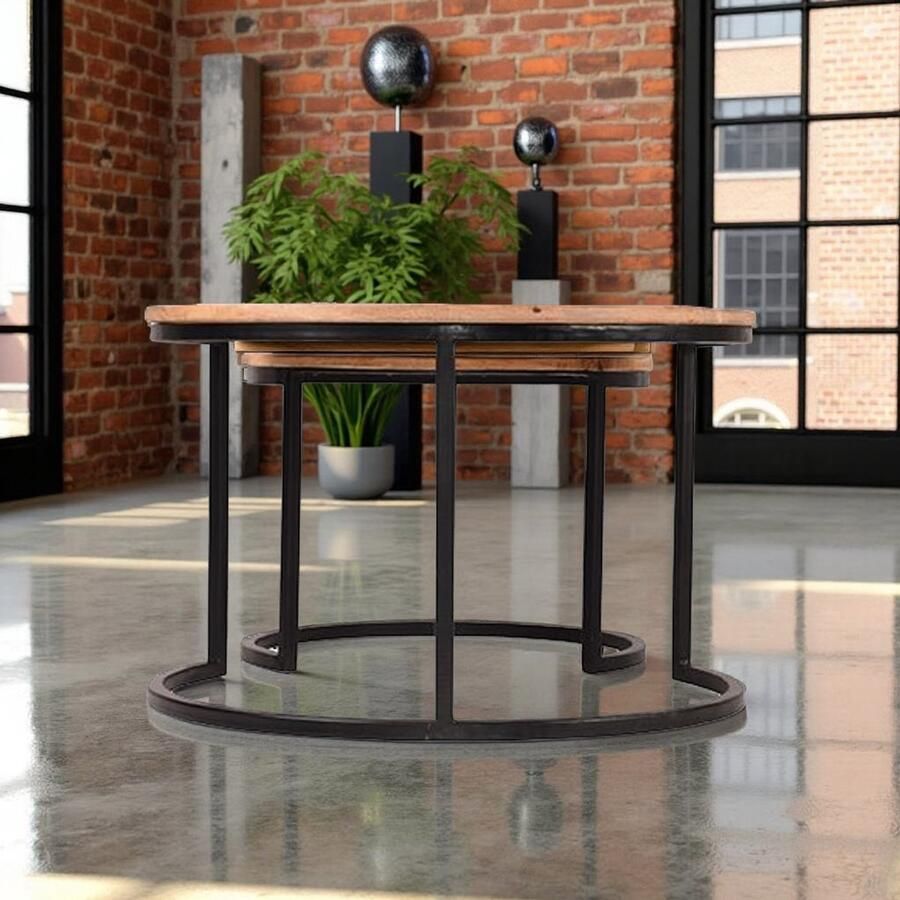 Industrialhome Salontafel Set Verona – 2-delige Ronde Salontafels 70x70x45 cm – Rough Mangohout met Zwart Metalen Onderstel – Industrieel Design & Handgemaakt