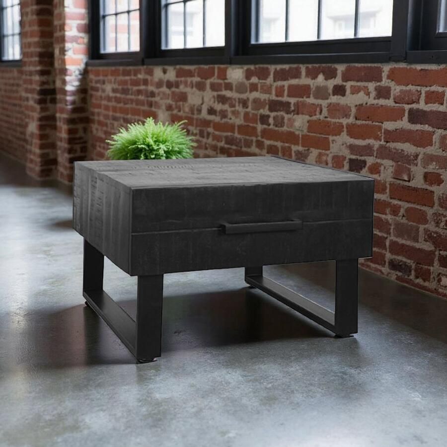 Industrialhome Salontafel Torino – 64x70x41 cm – Zwart Mangohout met Metalen Frame – Moderne Vierkante Houten Tafel met Lades – Industrieel & Stijlvol Design