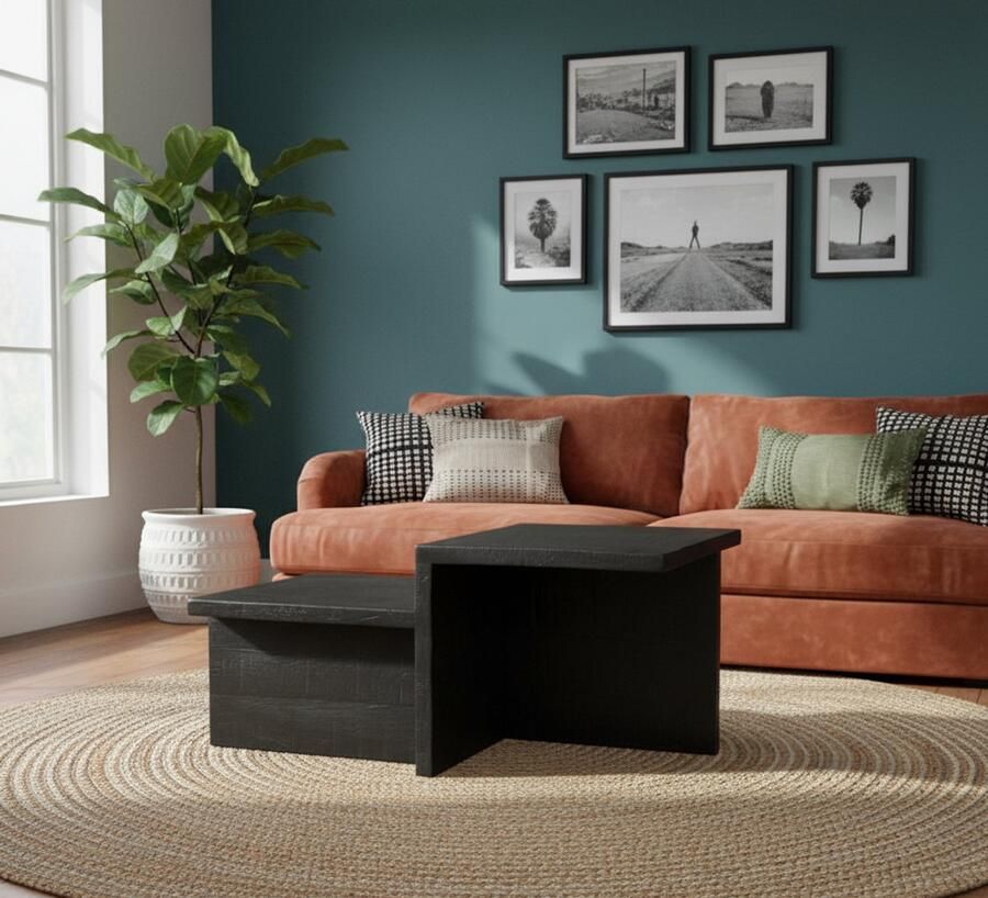 Industrialhome Salontafel Urban 90x50x40 cm Zwart Mangohout Asymmetrisch Design Moderne Geometrische Tafel met Robuust Houten Onderstel Industrieel & Speels