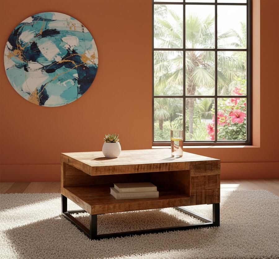 Industrialhome Salontafel Vierkant Mangohout – Industrieel Design Met Opbergruimte – Rough Zwart Mangohout & Metaal – Handgemaakt – CubeCraft