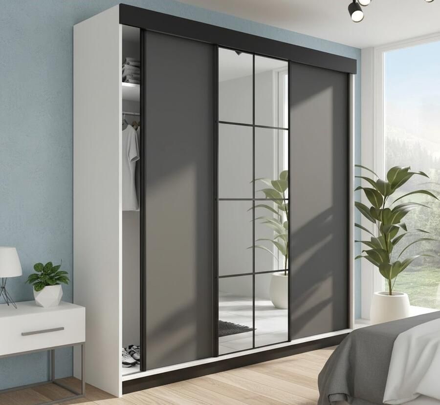 Industrialhome Schuifdeurkast LAMARO met spiegel Kledingkast Slaapkamer Slaapkamerkast Kledingkast Slaapkamer Kledingkasten 200x205x59 cm Wit & Grafiet