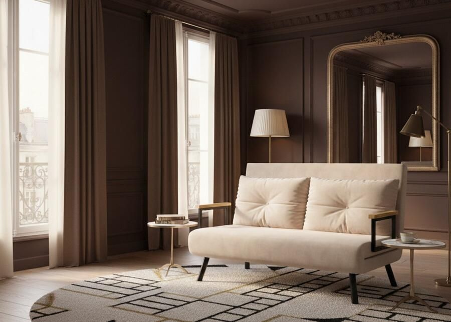 Industrialhome Slaapbank 2-zits 4-in-1 – 102x73x81 cm – Verstelbare rugleuning (5 standen) – Fluweel Beige – Inclusief 2 kussens – Multifunctionele bankbed voor woonkamer logeerkamer & kleine ruimtes – Luxe Comfort