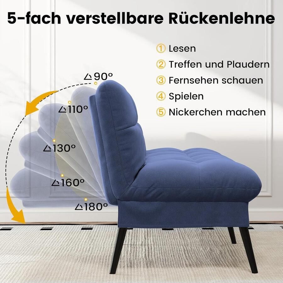 Industrialhome Slaapbank 3-zits Bergen Deluxe – Luxe Futon met Slaapfunctie 5 Verstelbare Rugleuningstanden Ergonomisch & Opvouwbaar – Comfortabele Stoffen Sofa Bed in Blauw – Moderne Converteerbare Bank voor Woonkamer Logeerkamer & Studio