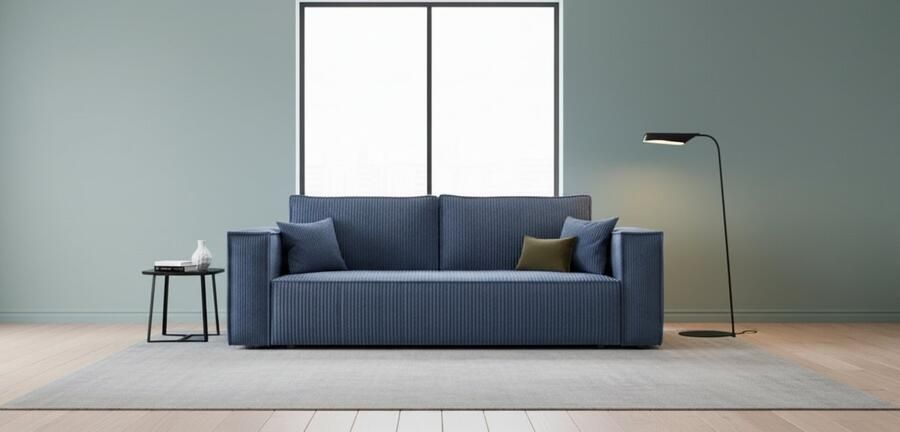 Industrialhome Slaapbank met Bedlade 255x105 cm – Corduroy Blauwe 3-Zitsbank met Slaapfunctie – Moderne Woonkamer Sofa met Opbergruimte – Luxe Comfortbank