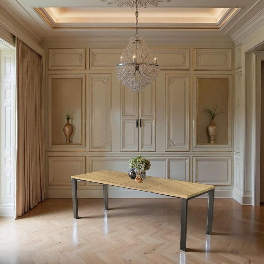 Industrialhome Uitschuifbare Eettafel NatureOak XL – 12 Personen – Rechthoekig – Natuurlijk Eiken – Hout met Fineer – Zwart Onderstel – 130-265 x 80 x 76 cm