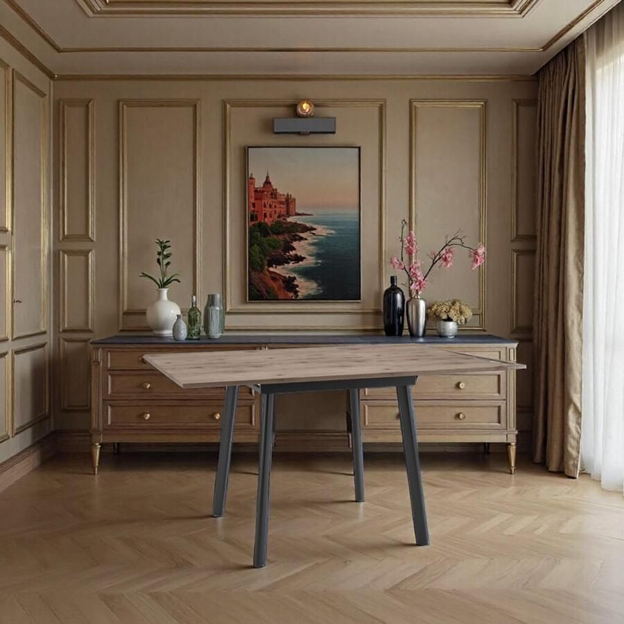 Industrialhome Uitschuifbare Eettafel Vierkant 100–140 cm – Natuurlijk Eiken – Hout & Metaal – Industriële Stijl – 4 Personen – Moderne Eetkamertafel