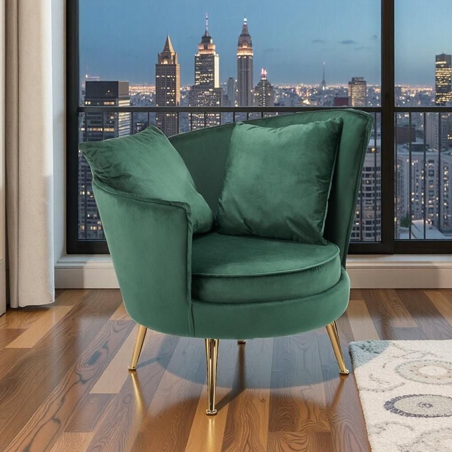 Industrialhome Velvet Luxe Loungefauteuil Verona – Donkergroen Roze & Zwart – Design Relaxstoel met Goudkleurig Stalen Onderstel – 90 x 90 x 87 cm