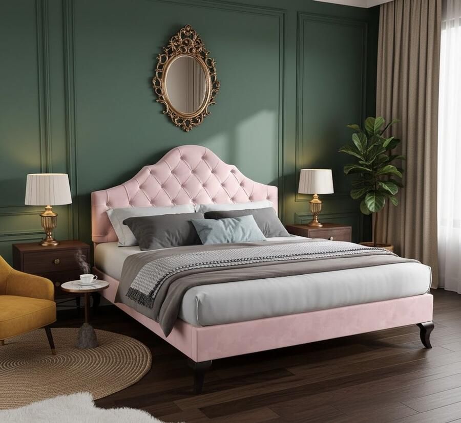 Industrialhome VelvetDream Luxe Gestoffeerd Bed 140x200 cm met Bedlade Roze Fluwelen Bed met Verstelbaar Hoofdbord & Kussen Houten Lattenbodem Moderne Slaapkamerbed voor Volwassenen en Jongeren Inclusief Hoofdeinde Bedframe en Lattenbodem