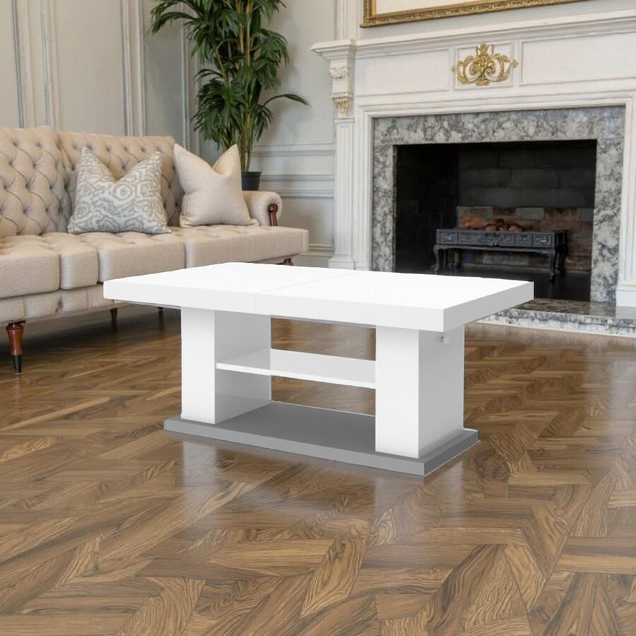 Industrialhome Verstelbare Salontafel MATERA – Uitschuifbaar – Wit Hoogglans – 120-170x70 cm – In Hoogte Verstelbaar – Moderne Woonkamertafel