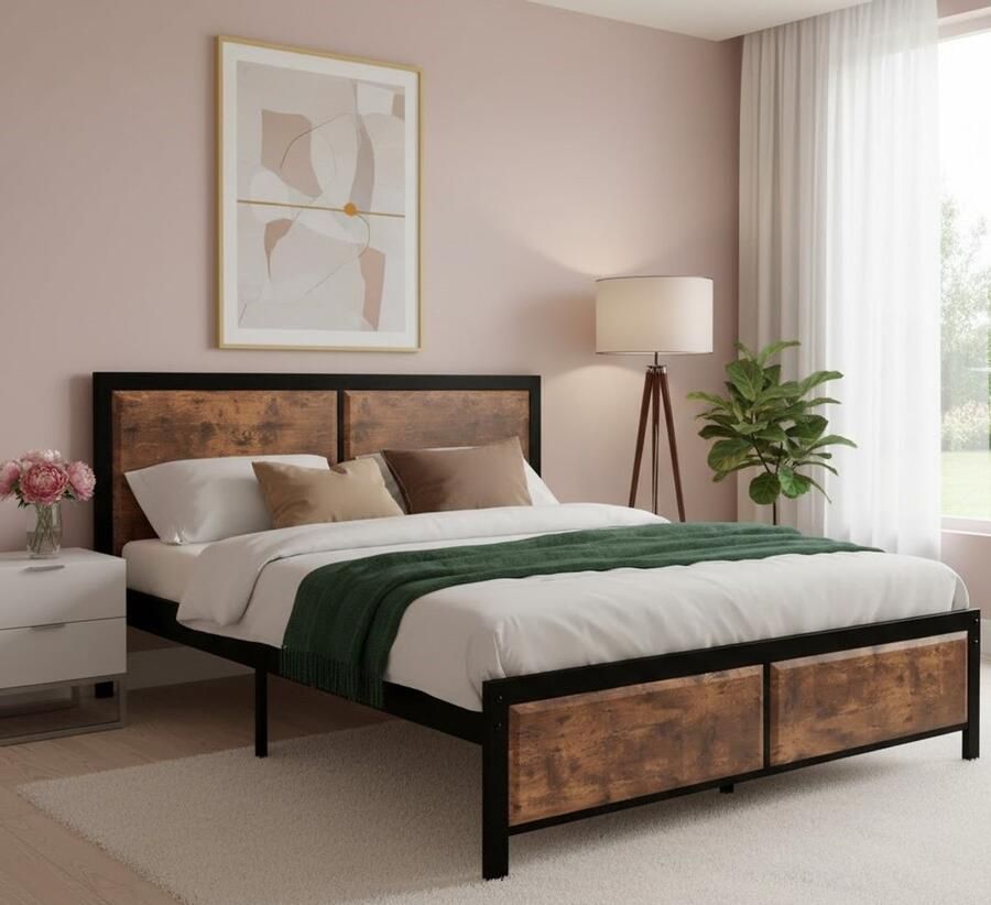 Industrialhome Vintage Industrieel Tweepersoonsbed 140x200 cm – Stevig Metalen Bedframe met Dik Houten Hoofdeinde en Voeteneinde – Inclusief Lattenbodem – Opbergruimte Onder Bed – Piepvrij Ruimtebesparend & Stijlvol Bruin Bed voor Slaapkamer