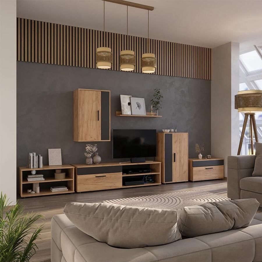 Industrialhome Wandmeubel Set 4-delig – Luxor Eiken Goud Antraciet – TV Meubel & Opbergkast – Modern Design Woonkamerwand – Onderhoudsvriendelijk – Inclusief Montagebenodigdheden