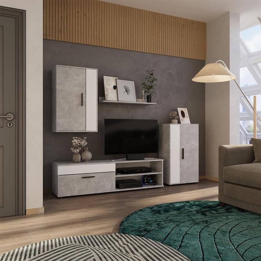 Industrialhome Wandmeubel Set – BetonLuxe 4-Delig – TV Meubel & Opbergkast – Betonlook Wit – Modern Design – Wandkast voor Woonkamer – Inclusief Montagebenodigdheden