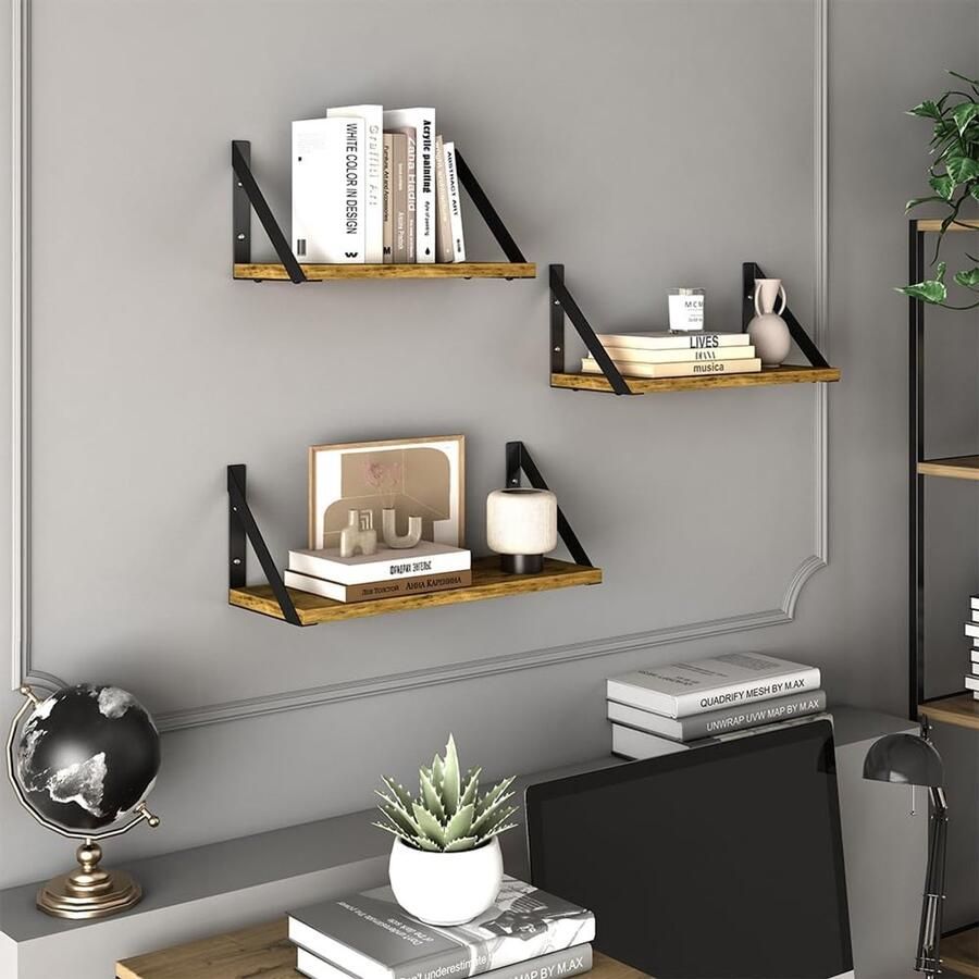 Industrialhome Wandplank Set Eiken Zwart AeroShelf – 3-delig Industrieel Wandrek – Houten Planken met Metaal – 40x15x12 cm – Hangende Plank voor Woonkamer Keuken & Slaapkamer –