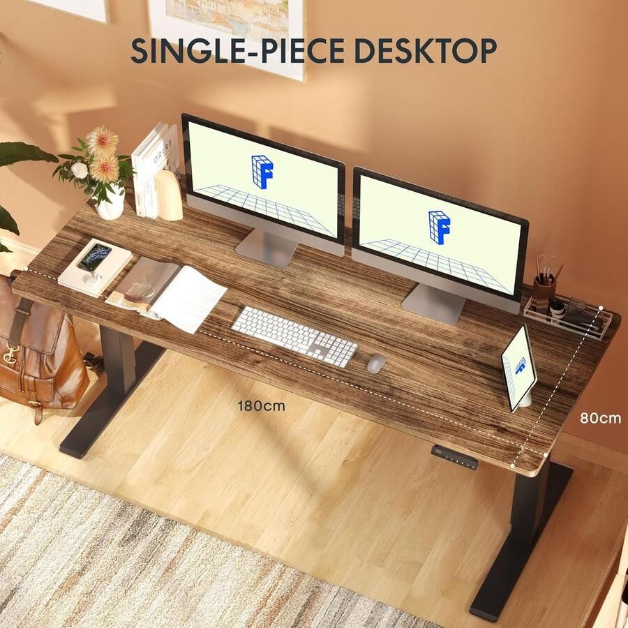 Industrialhome XL Elektrisch Zit-Sta Bureau 180x80 cm – Ergonomisch In Hoogte Verstelbaar Bureau met Dubbele Motor Esdoorn Houten Tafelblad (25 mm) Wit Frame