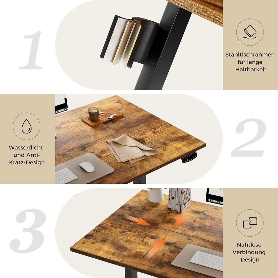 Industrialhome Zit-Sta Bureau 160x80 cm – Elektrisch Verstelbaar – Ergonomisch Staand Bureau met Geheugenfunctie – In Hoogte Verstelbaar Tafelblad – Stabiel Kantoorbureau – Bruin – Sta-Zit Werkplek Thuis of Kantoor