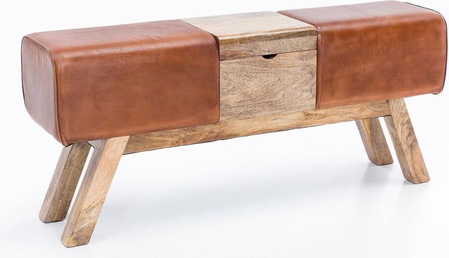 Industrieel In Huis Bankje met opbergruimte (Hout & Leer) Poef met opbergruimte Opbergbankje Zitbankje Slaapkamer Woonkamer Hal met Opslagruimte Industrieel Bankje Halbankje Hal Decoratie Entree Meubilair (120 cm x 53 cm x 29 cm)