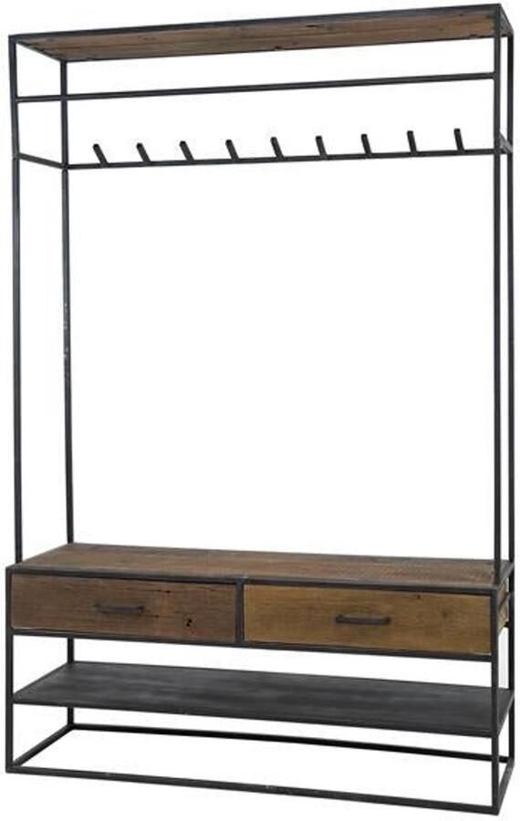 Industrieel In Huis Garderoberek met Kapstok & Schoenenrek (180cm x 120cm x 35cm) Garderoberek industrieel Garderobe Rek lades Halmeubel Kapstok Staand met 9 haken Wandkapstok Muur Hoedenplank Hout & Zwart Metaal Landelijk 180 cm x 120 cm x 35 cm