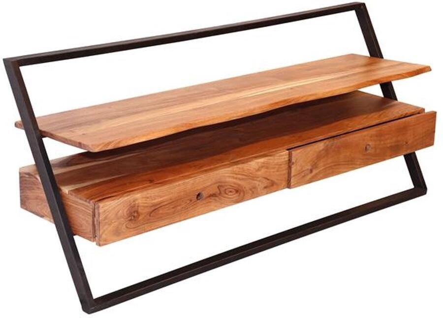 Industrieel In Huis Houten TV-Meubel Modern (140cm) Massief Houten TV Kast van Acaciahout Staande TV Kast met Twee Lades en Houten Blad (140x35x62) TV Meubilair in Moderne Stijl met Natuurlijke Houten Uitstraling