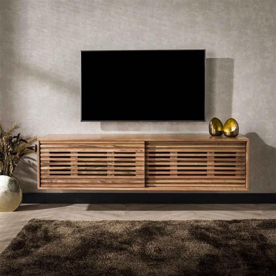 Industrieel In Huis Houten TV-Meubel Zwevend (150cm) Massief Houten TV Kast van Acaciahout Met Twee Schuifdeuren (155x40x37) Zwevend TV Meubilair in Moderne Eigentijdse Stijl Luxe TV Kast van Echt Hout
