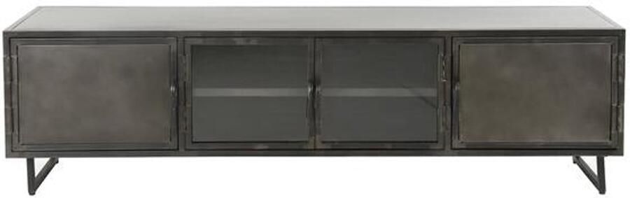 Industrieel In Huis Industriële TV Meubel Gunmetal Grijs (180cm x 40cm x 50cm) Luxe Stalen Langwerpig Wandmeubel voor TV Glazen Deuren en Stalen Deuren Donkergrijs TV Meubilair in Industriële Stijl