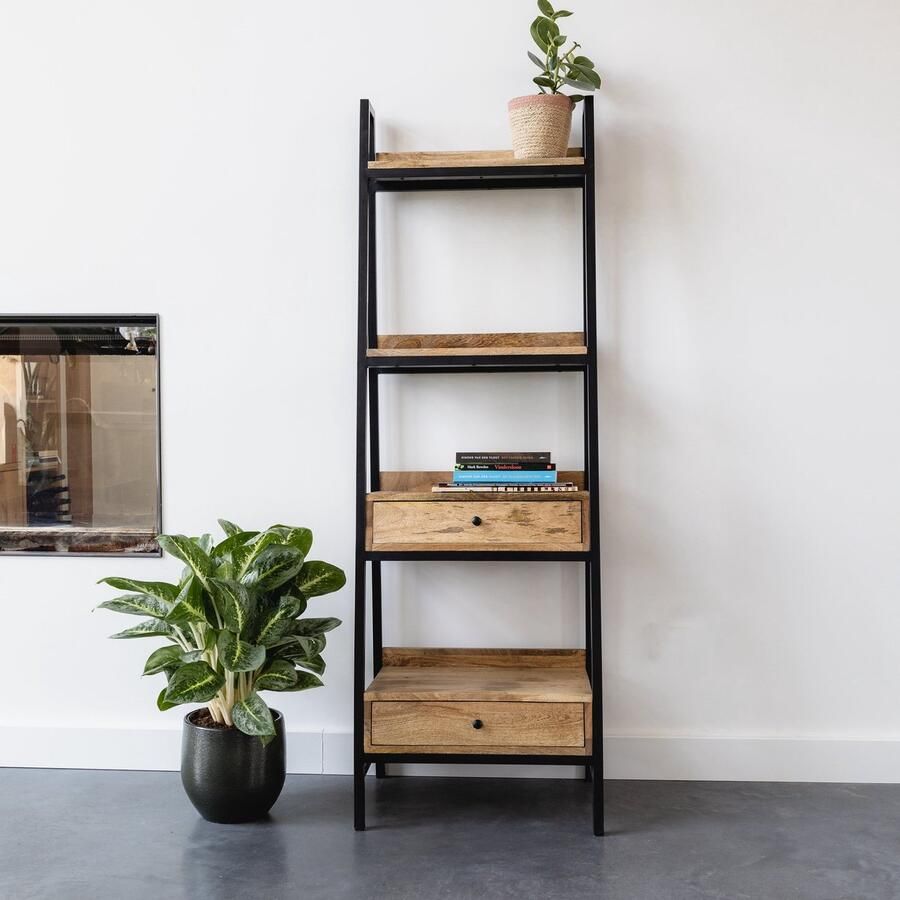 Industrieel In Huis Kast Industrieel (50cm x 38cm x 150cm) Schappenkast Boekenkast Opbergkast Vakkenkast Houten Kast met Laden en Planken en Vakken Open Kast Kasten Mangohout & Zwart staal