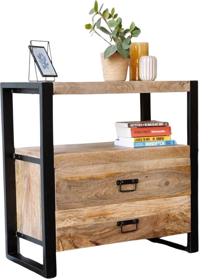 Industrieelinhuis.nl Kastje Mangohout met lades (2 lades) Kast industrieel Kast Mangohout Industrieel Zwart Bijzetkastje Landelijk Hout Bijzettafel Mangohout Industriele kast hout metaal Bijzettafel Kastje met Lades Kastje (80 cm x 40 cm x 80 cm)