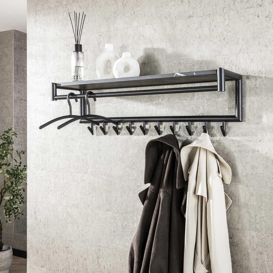 Industrieel In Huis Luxe Kapstok Hangend 10 Haken Wandkapstok Muur Kapstokhaak 10x Kapstokken Industrieel Staand Wandkapstok met Hoedenplank Hout & Zwart Metaal Landelijk Wandkapstok met Plank (100 x 27 x 30 cm) - Foto 2