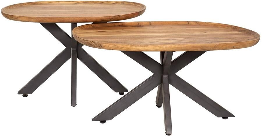 Industrieel In Huis Salontafel Rond Ovaal Set van 2 (70cm x 48cm x 45cm) Salontafel Rond Hout Metaal Industriele Salontafel Set van 2 Acaciahout