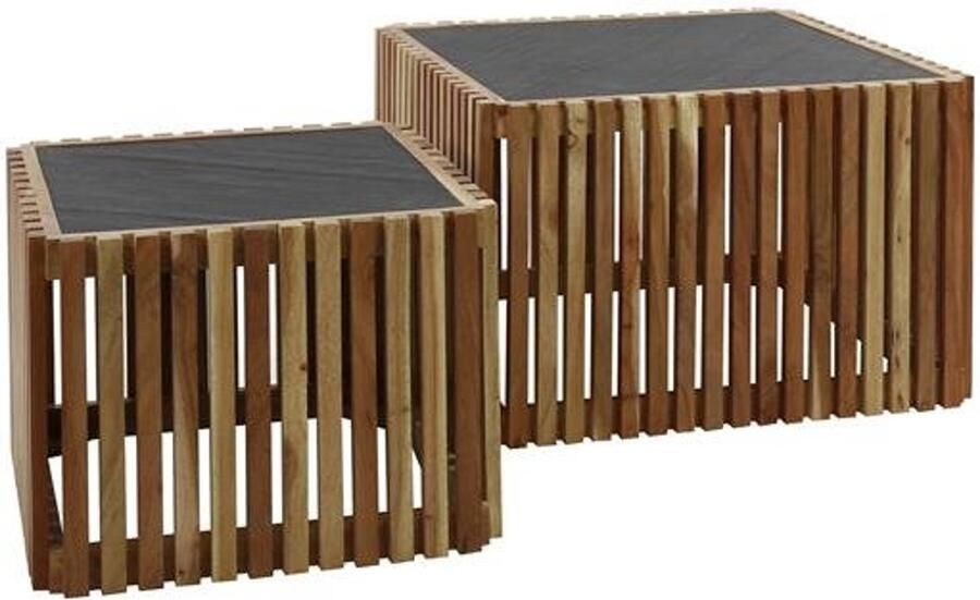 Industrieel In Huis Salontafelset Rechthoek set van 2 (58 cm x 58 cm x 40 cm) Mangohout Zwart & Leisteen Bijzettafels Set van 2 Salontafel Zwart Vierkant Bijzettafeltjes Woonkamer Salon Tafel Mangohout Landelijk Tafeltje Set 2 stuks Zwart