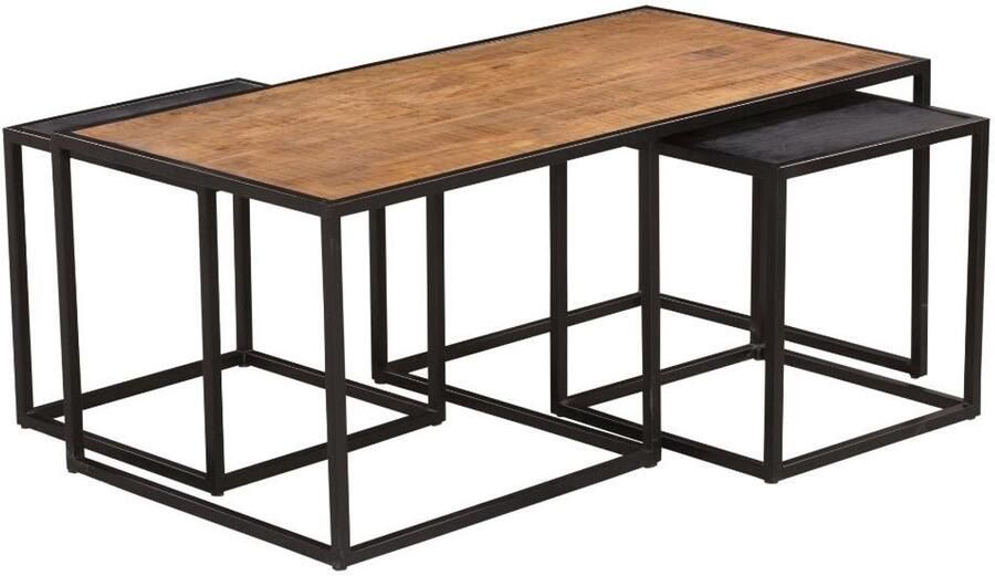 Industrieel In Huis Salontafelset Rechthoek set van 3 Mangohout & Zwart Bijzettafels Set van 3 Salontafel Zwart Vierkant Bijzettafeltjes Woonkamer Salon Tafel Mangohout Salontafel industrieel Landelijk Tafeltje Set 3 stuks