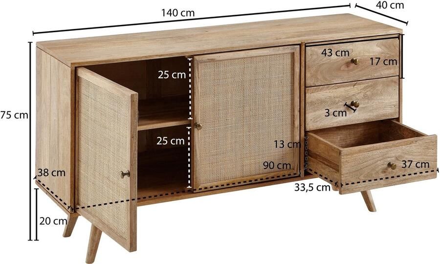 Industrieelinhuis.nl Design dressoir 140x75x40 cm massief mangohouten dressoir ladekast - Foto 3