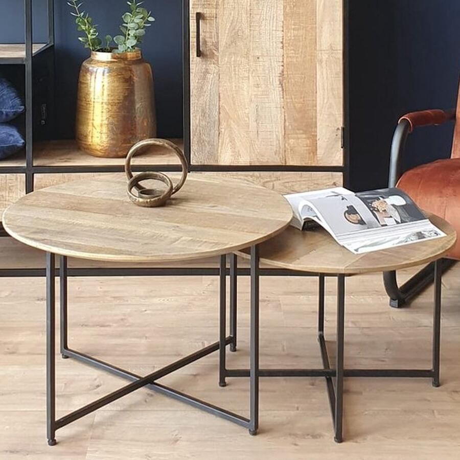 Industrieelinhuis.nl Luxe Salontafelset Rond set van 2 Mangohout Bijzettafels Set van 2 Salontafel Zwart Rond Bijzettafeltjes Woonkamer Salon Tafel Mangohout Rond Salontafel industrieel Landelijk Tafeltje Set 2 stuks Hout kleurig 70cm