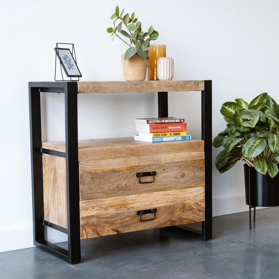 Industrieelinhuis.nl Mangohout Nachtkastje Bijzettafel kastje 2 lades Industrieel Design 80 cm Mangohout en Staal Tv-meubel Stalen Poten - Foto 2