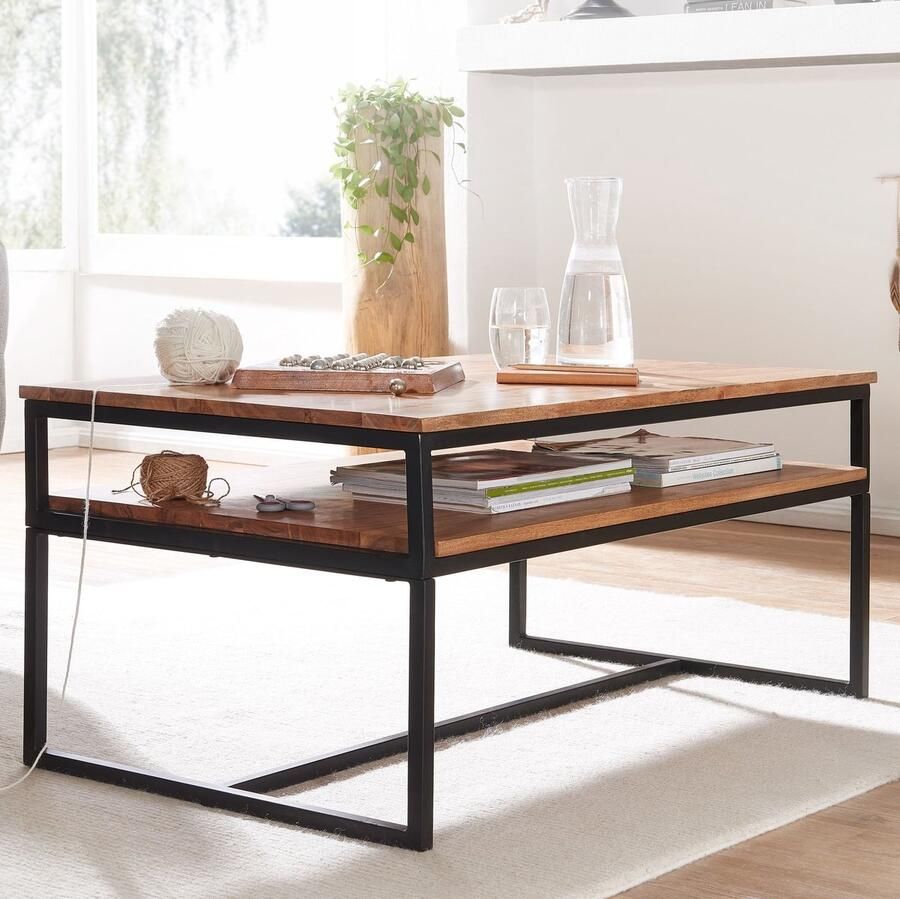 Sky Style salontafel 100x60x45 cm massief houten metalen salontafel acacia IndustriÃle kamertafel met opbergruimte Houten tafel salontafel massief