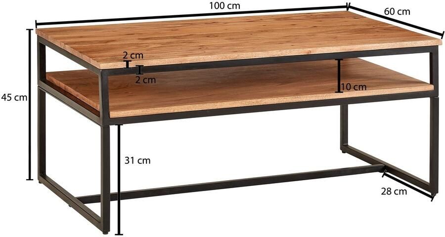 Sky Style salontafel 100x60x45 cm massief houten metalen salontafel acacia IndustriÃle kamertafel met opbergruimte Houten tafel salontafel massief - Foto 2